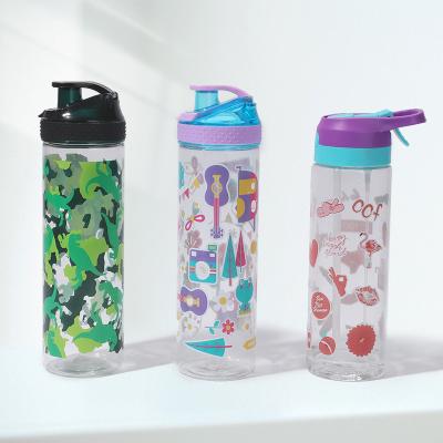 China Sustainable Printing Cartoon Dinosaur 750ml Handheld Upright Plastic Water Bottle With Handle For Kids for sale