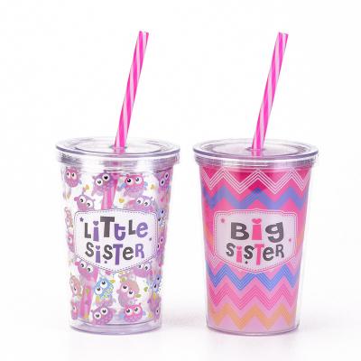 China Custom Sustainable Cute Clear Transparent Wall Kawaii Cups Double Acrylic Tumbler With Straw for sale