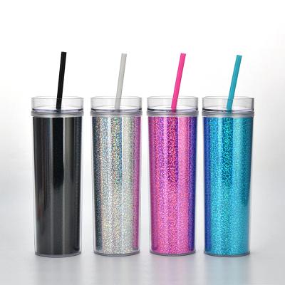 China Wholesale 16Oz Double Wall Sustainable Acrylic Twinkle Bling Tumbler Straight Skinny Clear Mug With Straw for sale