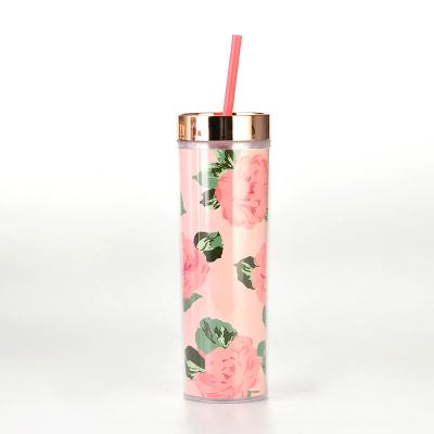 China Viable Custom Print Flower Personalized Skinny Clear Plastic Acrylic Cup Tumblers 16oz With Straw for sale