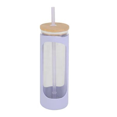 China Viable Color Silicone Sleeve Bamboo Transparent Clear Eco Friendly Glass Water Bottle Tumbler With Straw Lid for sale