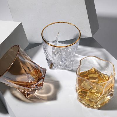 China Viable High Quality Wholesale Viable Whiskey Glass Cup Crystal Glass Cup Clear Amber Irregular Gold Rim Glass Mug for sale