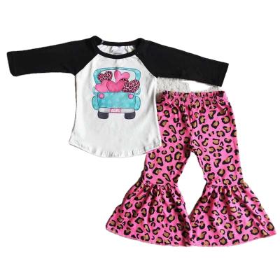 China Valentine's Day 2pcs Casual Outfit Long Sleeve Tops Sets Love Truck Pattern Costume Leopard-print Flared Panty Girls Outfit Kids Clothes for sale