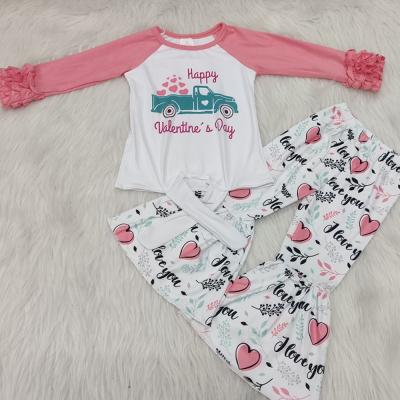 China New Valentine Style Casual Ruffle Sleeve Raglan With Bells Pants Girls Teams Boutique Love Heart Print Children Clothing for sale