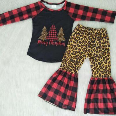 China Red and black casual hot sale plaid girls outfits Bells pants matching Christmas tree shirts boutique raglan clothes for sale