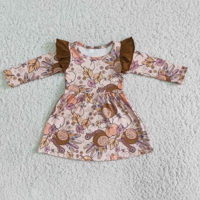 China Boutique Child Autumn Thanksgiving Casual High Quality Pumpkin Fallen Leaves Turkey Dress Kids Long Sleeve Ruffle Clothing Girls Dresses for sale