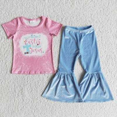 China Casual RTS Easter Babies Short Sleeve Baby Bell Bunny Crossover Light Blue Velvet Shirt Toddler Boutique Outfits for sale