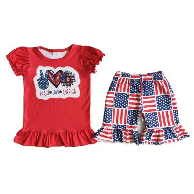 China New Style Casual Baby Wear 4th of July Independence Day Gear Peace Love Sunflower Puff Sleeve Shirt Flag Shorts Kids Clothes Sets for sale