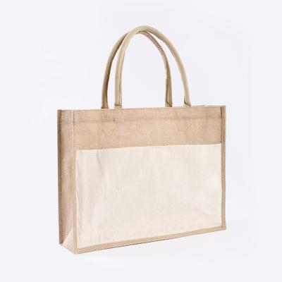 China Reusable Hot Selling Stock Large Blank Accept Custom Logo Front Pocket Canvas Jute Burlap Bags Packaging Shopping Bag for sale