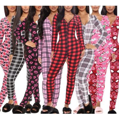 China Vacation QUICK DRY Onesis Onesie Long Sleeve Designer Chrismas 9091 Women Onesie Pajamas V-neck Long Grid Pants for sale