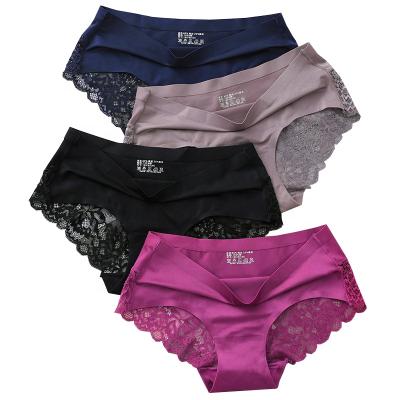 China 1801 Sexy Silk Women Briefs Women's Briefs Breathable Satin Lace Ladies Ice Seamless Panties for sale