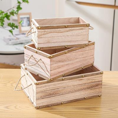 China China Customizedrectangularnestbox with ropehandledecorativefarmhousewoodenslatstoragebox3pieceset for sale