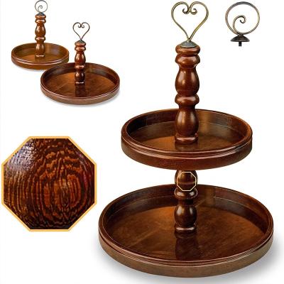 China Universal viable wooden double-layer tray with 2 metal handles vintage decoration, round tray, heart-shaped handle and round handle for sale