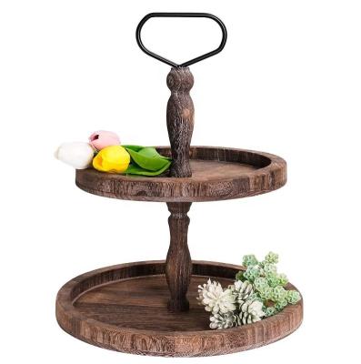 China Store Eco-Friendly Tiered Tiered Farmhouse Serving Trays Cake Stand 2 Set Fruit Rack Wood Tiered Tray For Office Home Kitchen for sale