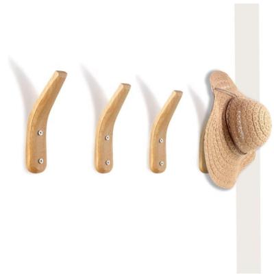 China Sustainable Pack of 4 Wall Mounted Natural Rubber Wood Coat Hanger Wooden Coat Hooks for Coats Hats Hanging Bags for sale