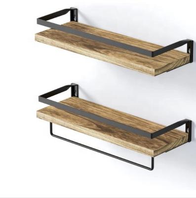 China Rustic Set of 2 Wall Mounted Floating Shelves for Bathroom Kitchen Bedroom Storage Floating Shelf with Towel Rack Wood Floating Shelves for sale