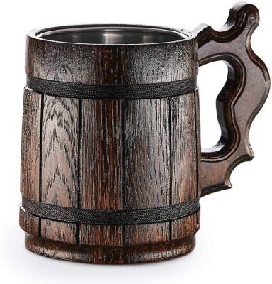 China USA Oak Wood Stainless Steel Handmade Mug Carved Beer Stein Old-Fashioned Brown Wood Carving Natural Beer Mug For Men 20oz Capacity for sale