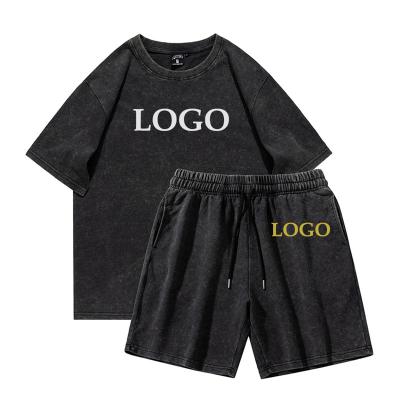 China OEM QUICK DRY Men's Blank Acid Washed T-shirt Set Drop Shoulder Washed T-shirt Print Tee And Shorts Set Custom Men for sale