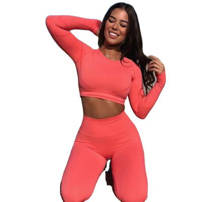 China 2021 QUICK DRY New Skin Friendly Hip Seamless Knitted Lifting Abdomen Closing Long Sleeve Pants Set Sports Running Fitness Yoga Suit Women for sale