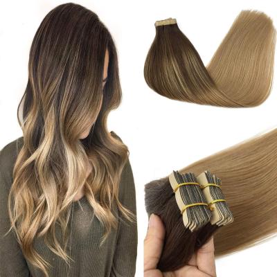 China Russian Blonde Wholesale Straight Double Drawn Sides Tape Natural Virgin Remy Double Drawn Ombre Hair Extension 100 Tape In for sale