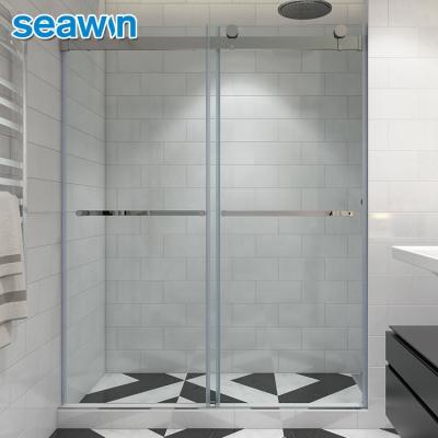 China Seawin Stainless Steel Hardware Bathroom Hardware Quiet Tempered Glass Double Door Frameless Sliding Shower Door for sale