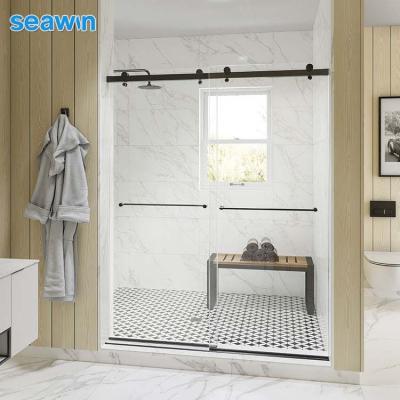 China Quiet Operation Seawin 10 Mm Tempered Glass Double Entry Sliding Black Framless Shower Door for sale