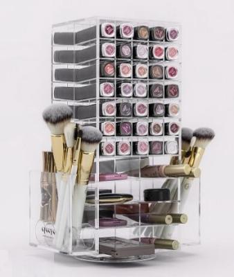 China Eco-friendly 360 Rotating Lipstick Tower Makeup Organizer Acrylic Cosmetic Display Stand Storage Holder for sale