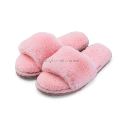 China Hot Sale Toe Faux Fur Slides Warm Open Indoor Custom Made Fashionable Fuzzy Soft Fur Slippers for sale