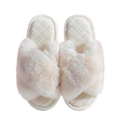 China Luxury Faux Fur Slippers Women's Outdoor Stripe Fashion Trend Cross Hairy Indoor Slides Shoes High Quality Furry Slippers for sale