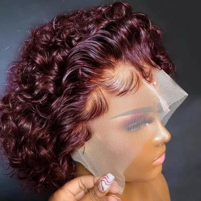 China Raw Virgin Indian Bob Wholesale Pixie Short Curly Bob 99j Burgundy Cuticle Aligned Hair Lace Front Wigs For Black Women for sale