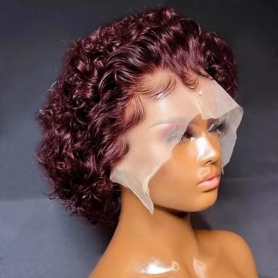 China Other Sheer Lace Front Curly Human Hair Wigs Short Pixie Lead 99j Burgundy Curly Raw Indian Virgin Hair for sale