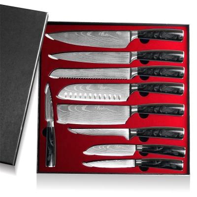 China German manufacturer stocked Resin 9pcs kitchen knife set Damascus butcher de juego chef messer professional knives cuchillo de cocina for sale