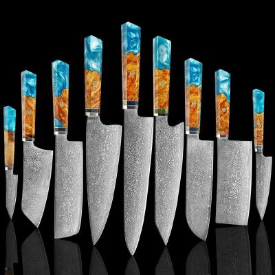 China Stocked 2022 Best Solid Wood With Resin Honeycomb Handle Damascus Steel Chef Knife Kitchen Set for sale