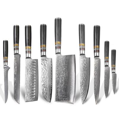 China Stocked 9 Pcs Full Flavor Japanese Damascus Knife Set Kitchen Chef vg10 Butcher Knives High Quality Orgenal Santoku Knife for sale