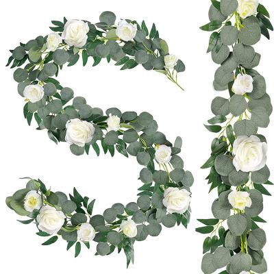 China Silk+Plastic Artificial Eucalyptus Wreath with Greenery Garland Willow Vines White Rose Garland, Faux Silver Dollar Flowers Eucalyptus for sale