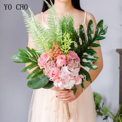 China Artificial Flowers YO CHO Bulk Bunch Artificial Green leaves with flower bouquet 20 flower heads wall decor artificial flower bouquets for sale