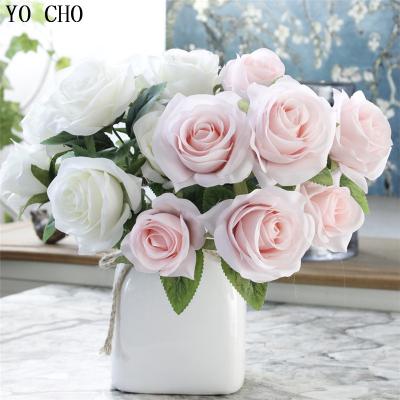 China Eco - Friendly Artificial Flower 7 Bouquets French Pink Velvet Rose Main Flowers Holland Rose Wedding Home Decoration for sale