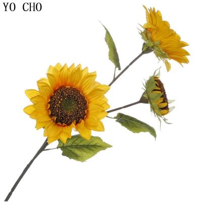 China Wholesale High Quality Eco-friendly 3 Big Heads Long Stem YO CHO Artificial Silk Sunflowers For Halloween Home Wedding Decoration for sale