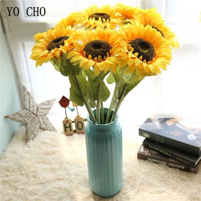 China Home Decoration Faux Silk Sunflowers Wedding Party Decor Long Branch Bouquet YO CHO 1 Artificial Flowers Artificial Silk Sunflower Flowers for sale