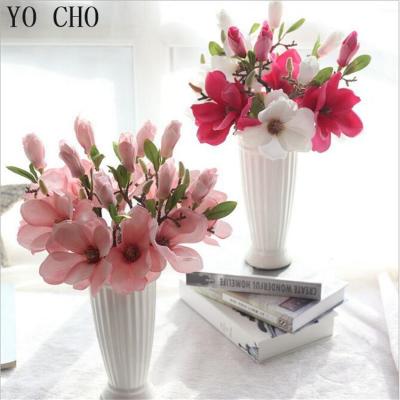 China A single with two artificial flower magnolia flower head living room flower head YO CHO wedding stand large head vintage wedding silk satin interior decoration for sale