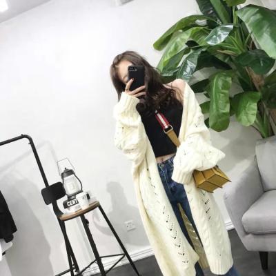 China Custom New Arrival Anti-pilling Women Fall Vintage Hollow Out Deep V Lantern Sleeve Ladies Casual Knit Long Loose Cardigan Sweater Coat for sale