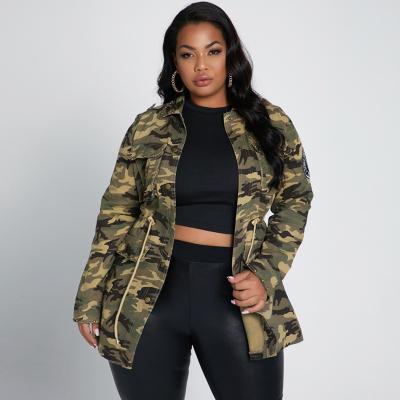 China Plus Size Rivet Badge Camouflage Full Print Ladies Long Ditch Coat Women Girls Plus Size Casual Jacket Print Coat for sale