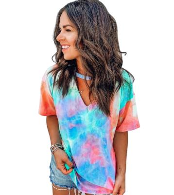 China Wholesale Fashion Summer Breathable Women Gradient Color Short Sleeve Oversized V Neck Scarf Girls Stitch Plus Size Tie Dye Casual T-shirt for sale