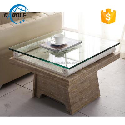 China Travertine Stone Base Side Convertible Hand-Caved Glass Top Table for sale