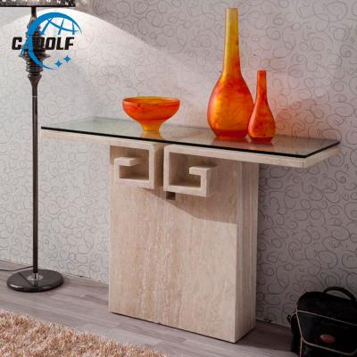 China Convertible marble hand carved with glass top console table for sale