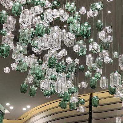 China Modern Luxury Design Integrated Cube Square Art Glass Ceiling Hanging Suspension Chandelier Pendant Light for Hotel Restaurants for sale