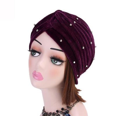 China Indian color hat 2021 new soft pure elastic velvet \ comfortable gold full of stars and pearls ladies turban hat clothing fashion Muslim hat for sale