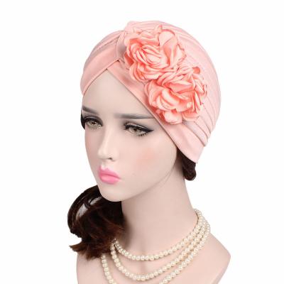 China Baotou Hat Factory Soft Women\`s Wholesale Double Big Flower Turban Headband Hat Comfortable Polyester Muslim Inner Women Hat Scarf for sale