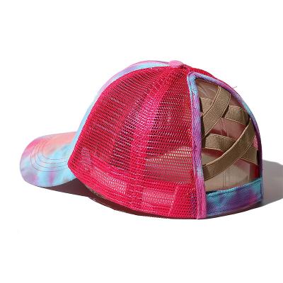 China 2021 High Quality Wholesale Stain Casual Cool Color Dye Tied Ponytail Mesh Truck Driver Hat Women's Summer Sports Cap for sale