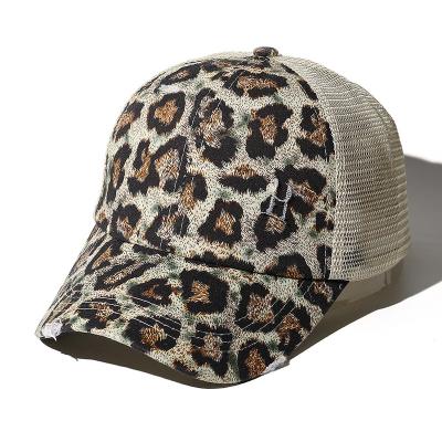 China 2021 High Quality New Fashion Casual Women's Retro Sun Visor Mesh Trucker Hat Outdoor Sports Cap Ponytail Leopard Print Cap Old for sale